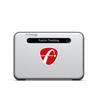 FlightScope Mevo Plus launch monitor front view silver unit with Fusion Tracking label and red FlightScope logo