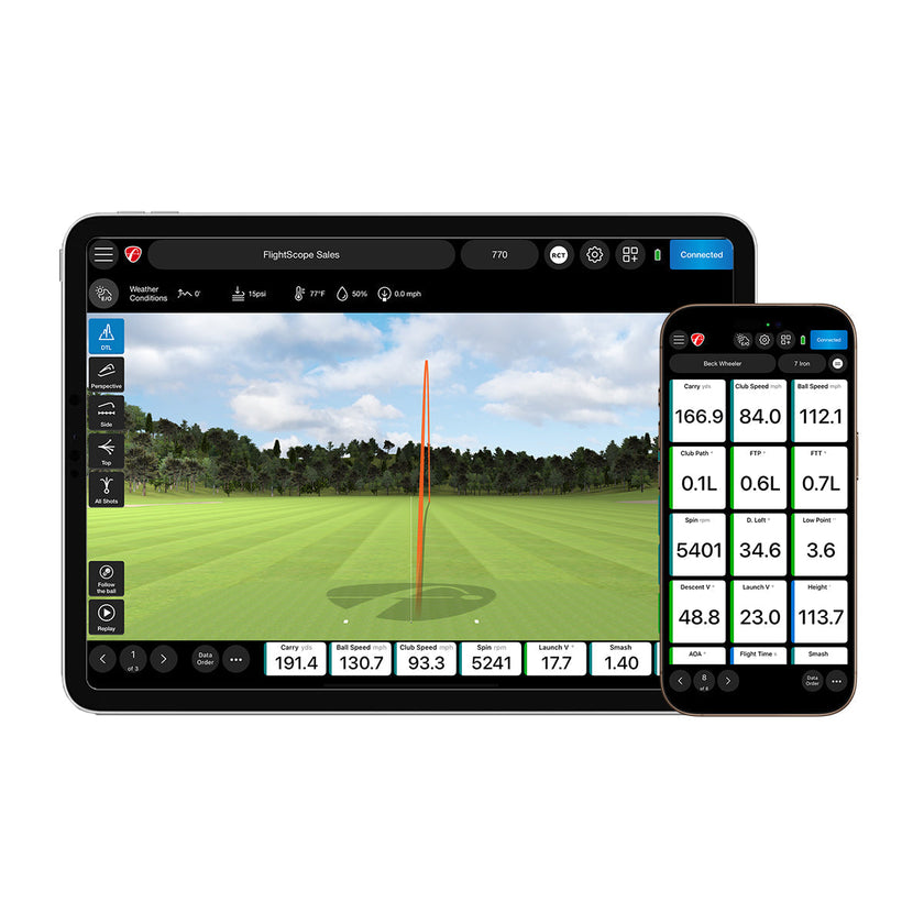 FlightScope Mevo Plus Pro Package golf software on tablet and phone showing 3D shot trajectory and data metrics