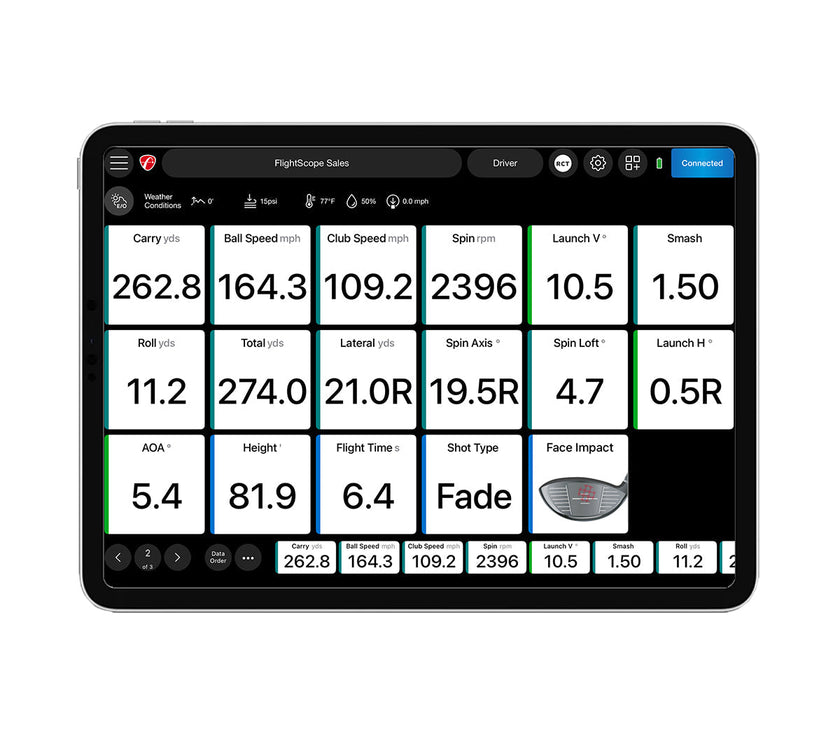 FlightScope Mevo Plus Pro Package golf launch monitor app dashboard on tablet showing shot metrics