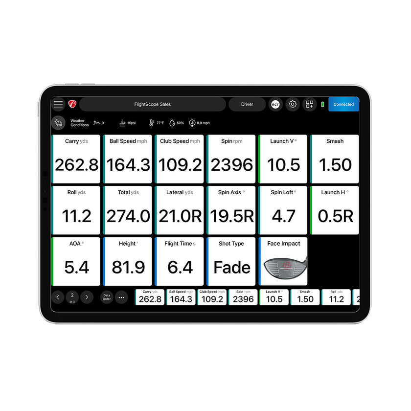 FlightScope Mevo Plus Pro Package golf launch monitor app dashboard on tablet showing shot metrics