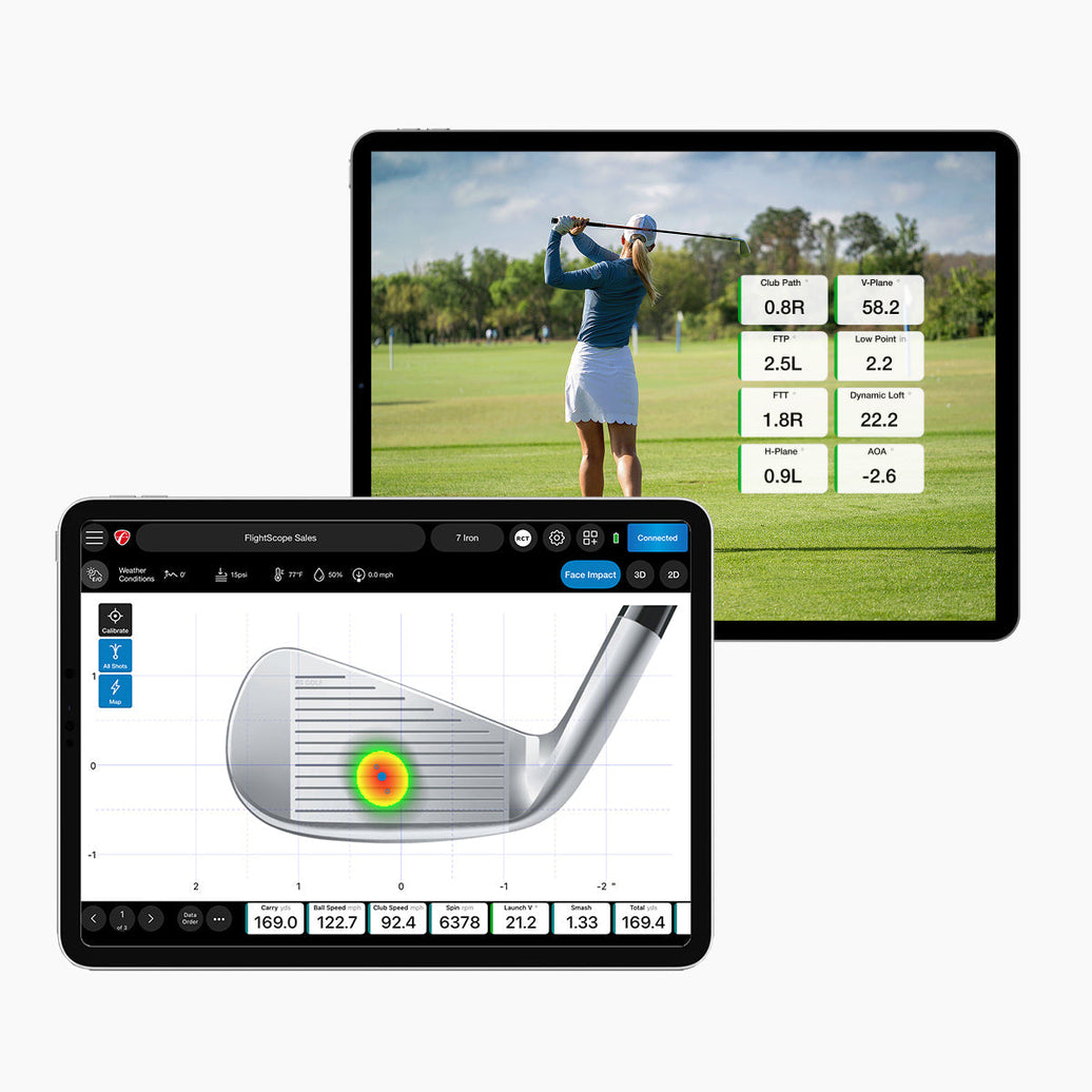 FlightScope Mevo Plus Pro Package software on tablets showing swing video and clubface impact heatmap with shot data