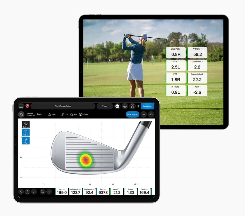 FlightScope Mevo Plus Pro Package software on tablets showing swing video and clubface impact heatmap with shot data
