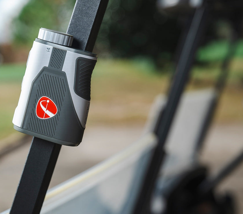 FlightScope i4 Golf Rangefinder attached to a golf cart for convenience and easy access during play