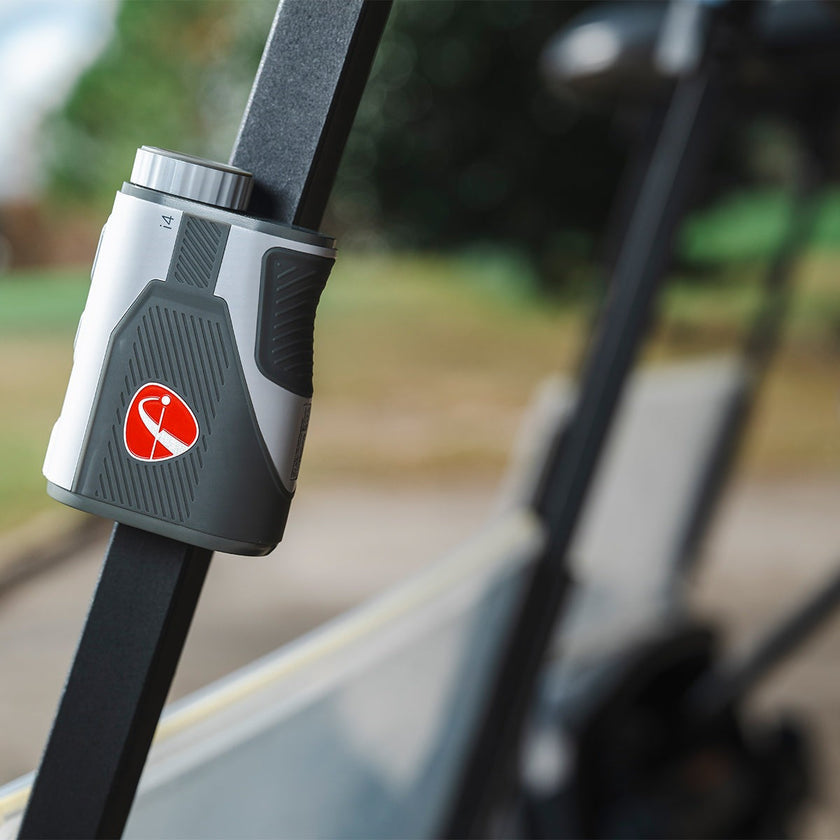 FlightScope i4 Golf Rangefinder attached to a golf cart for convenience and easy access during play