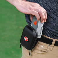 FlightScope i4 Golf Rangefinder held in hand with a stylish storage pouch attached to the belt