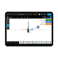 FlightScope tablet display showing golf swing analysis software with club and ball vectors premium golf training equipment