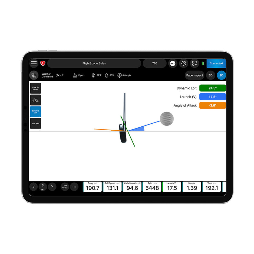 FlightScope tablet display showing golf swing analysis software with club and ball vectors premium golf training equipment