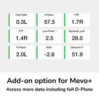 FlightScope Golf Mevo Plus software add on screen showing swing metrics and promoting premium golf training equipment
