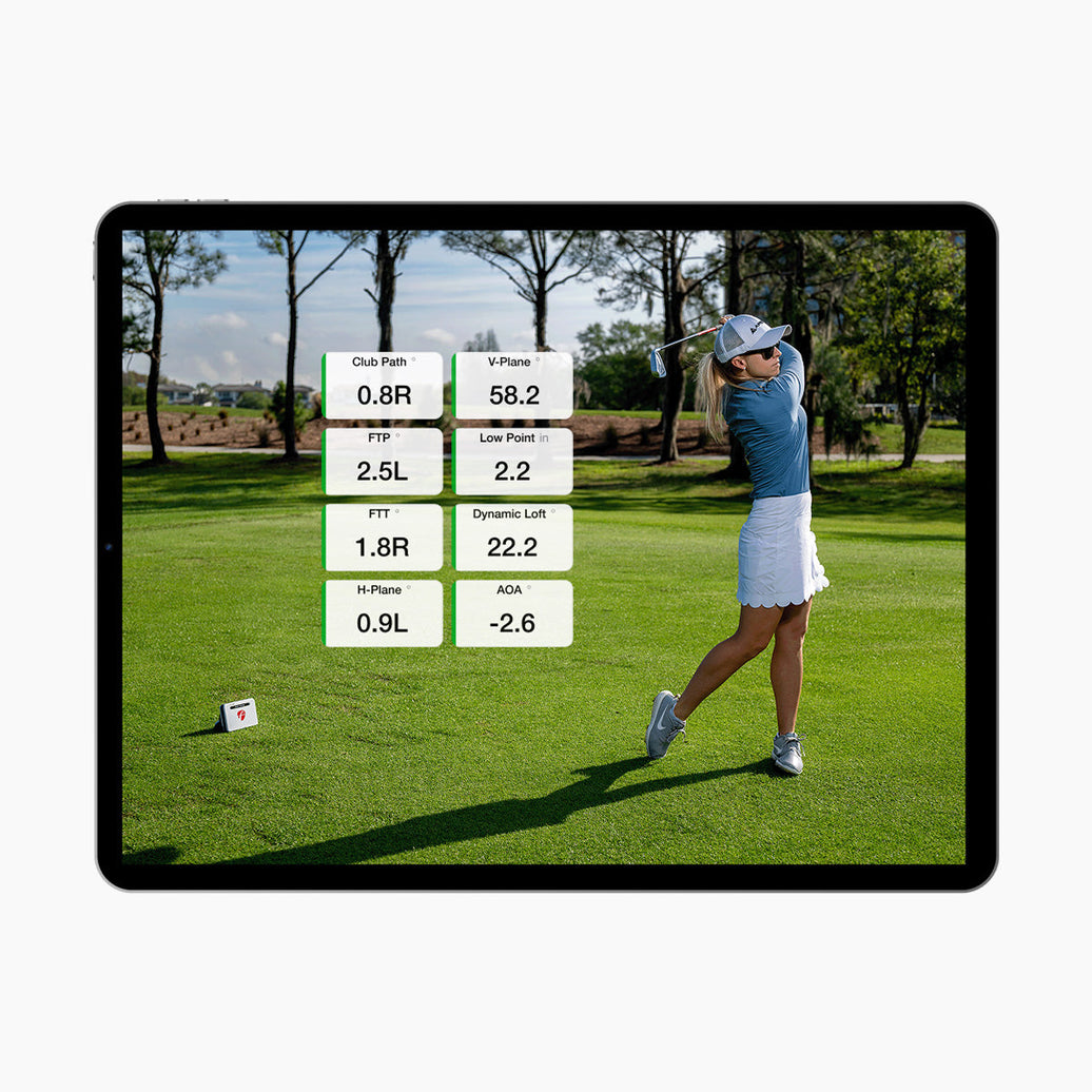 FlightScope Golf US Store app on tablet showing swing metrics and a female golfer using premium golf training equipment