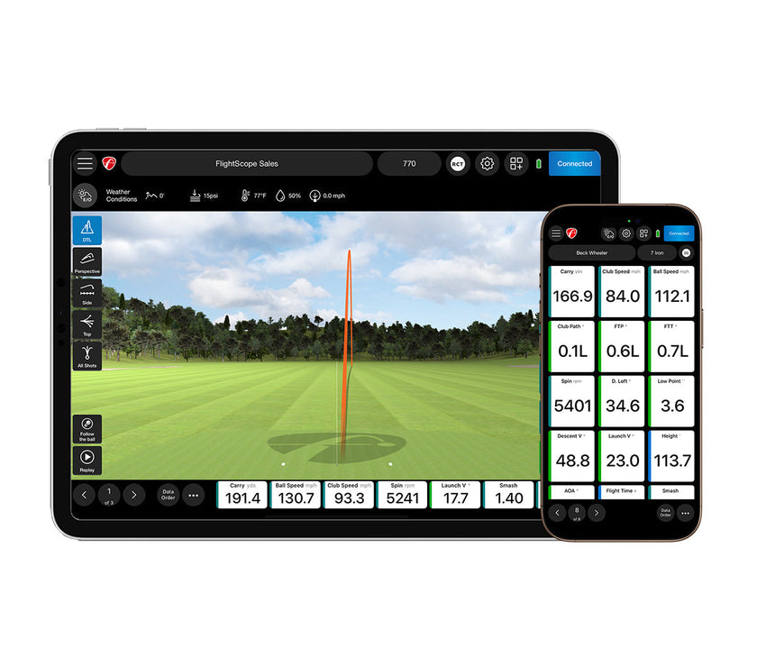 FlightScope app on tablet and smartphone showing shot trajectory and data metrics for premium golf training equipment