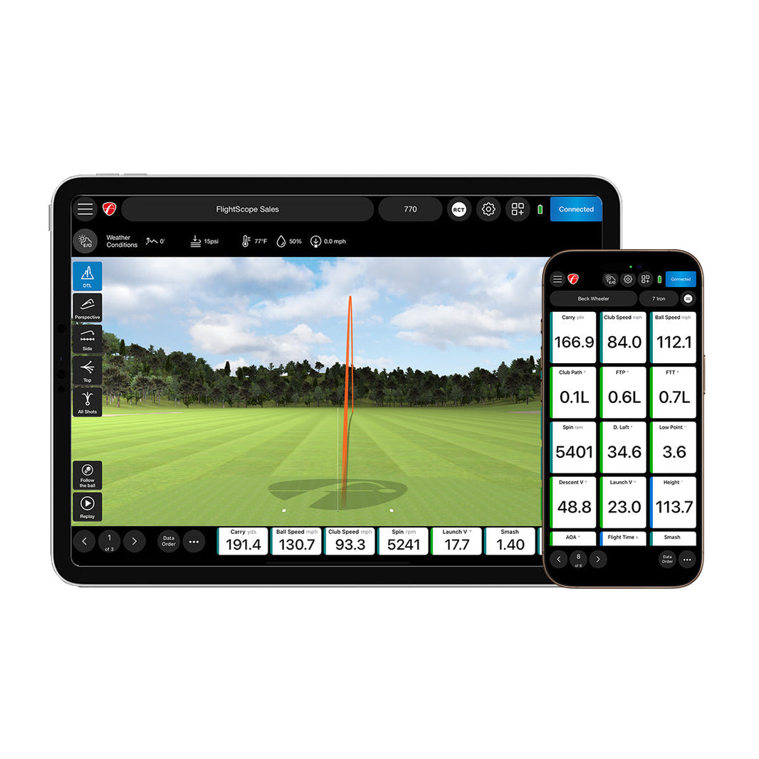 FlightScope app on tablet and smartphone showing shot trajectory and data metrics for premium golf training equipment