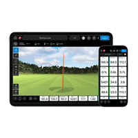FlightScope app on tablet and smartphone showing shot trajectory and data metrics for premium golf training equipment
