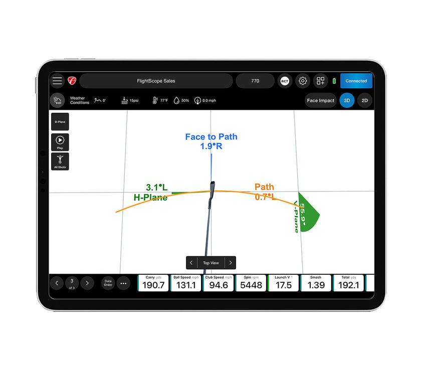 FlightScope tablet app showing 3D swing path and shot metrics on screen premium golf training equipment for swing analysis