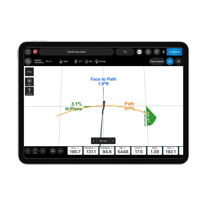 FlightScope tablet app showing 3D swing path and shot metrics on screen premium golf training equipment for swing analysis