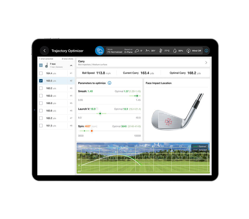 FlightScope X3C Launch Monitor display showcasing trajectory optimizer settings and data.
