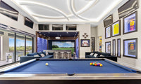 Full Swing Golf home golf simulator package in luxury game room with pool table seating and large simulator screen