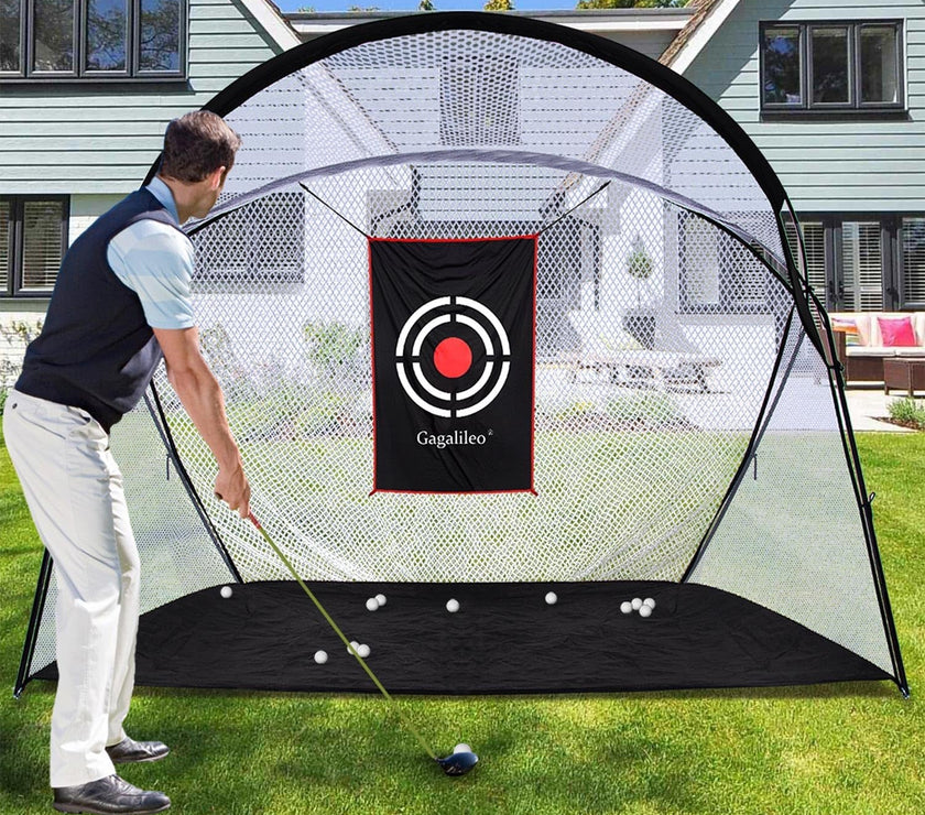 Heavy duty golf hitting net for practice setup outdoors, ideal for improving swing efficiency and accuracy.
