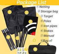 Package contents of Under Par Heavy Duty Golf Hitting Nets: netting, storage bag, target, poles, iron pipes, stakes, manual, and transport bag.