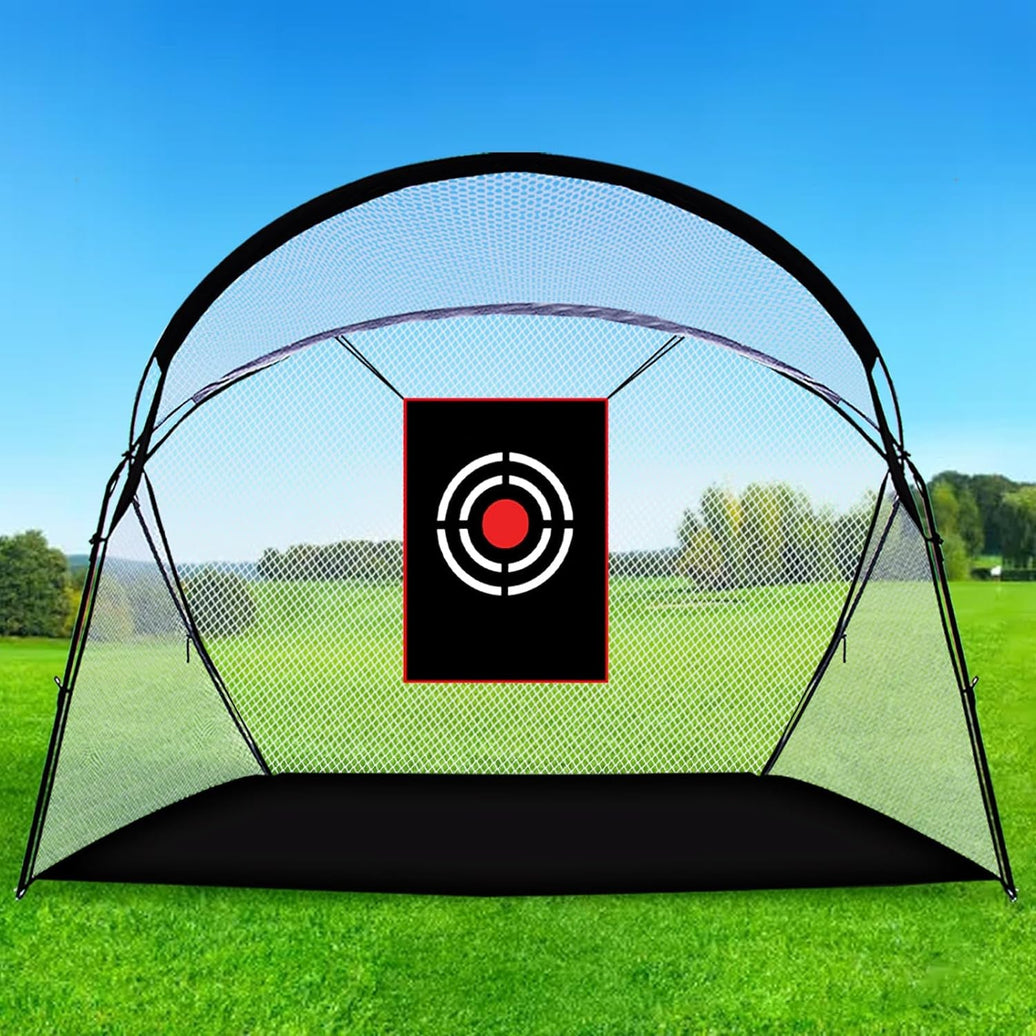 Heavy duty golf hitting net for practice in outdoor setting with target design.