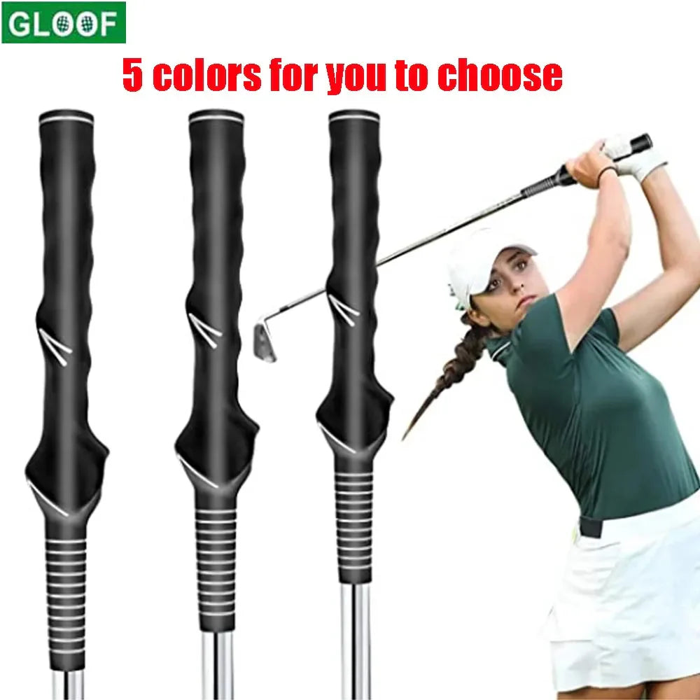 Golf swing grip trainer with golfer illustration, available in five colors.