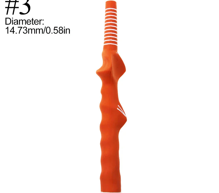 Vibrant orange golf swing grip trainer for improved hand positioning and consistent swings.