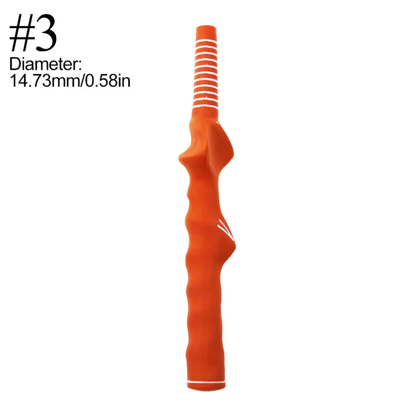 Vibrant orange golf swing grip trainer for improved hand positioning and consistent swings.