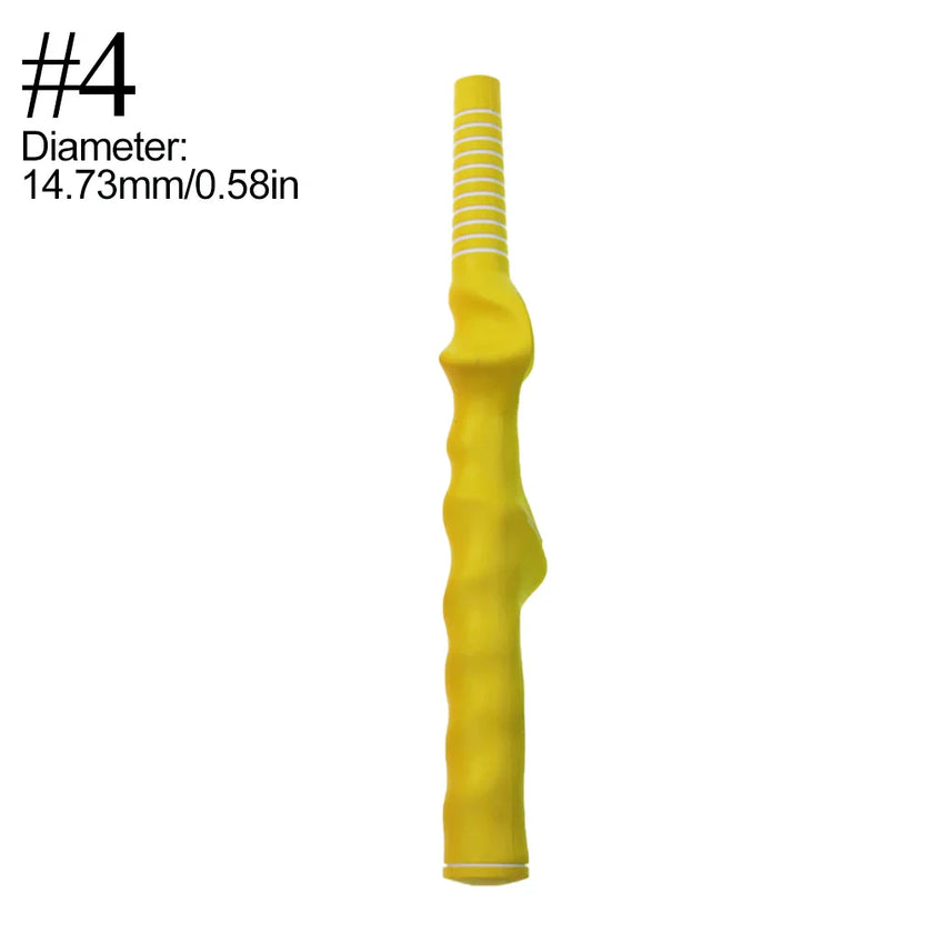 Yellow golf swing grip trainer with ergonomic design, perfect for improving swing technique.