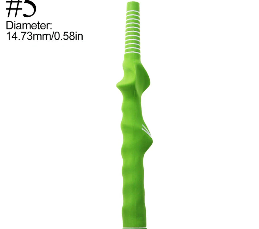 Green golf swing grip trainer with ergonomic design for refining technique, suitable for all ages.