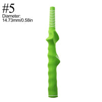 Green golf swing grip trainer with ergonomic design for refining technique, suitable for all ages.
