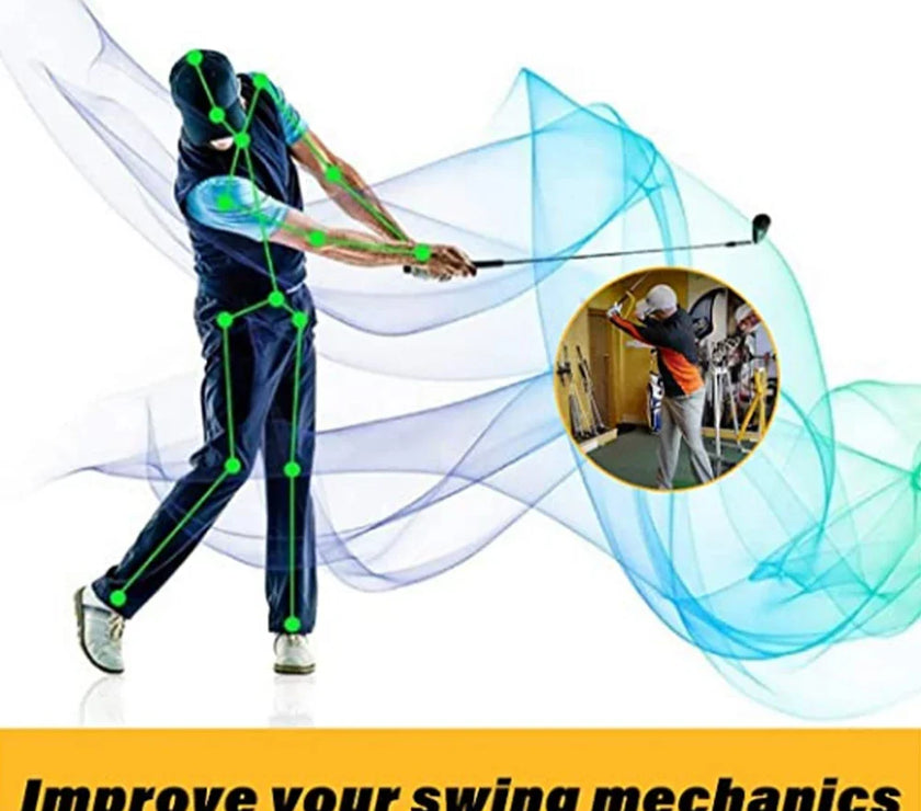 Golf swing grip trainer illustration for improving swing mechanics.