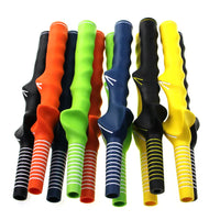 Golf swing grip trainer in assorted colors for technique enhancement.