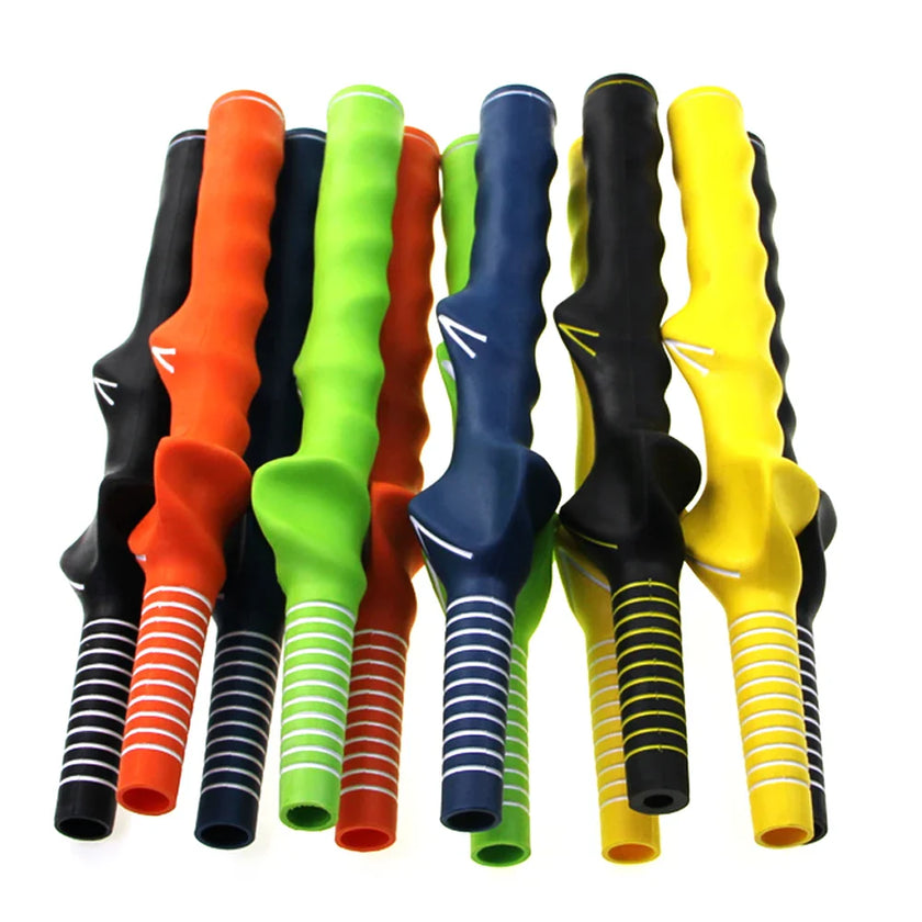 Golf swing grip trainer in assorted colors for technique enhancement.
