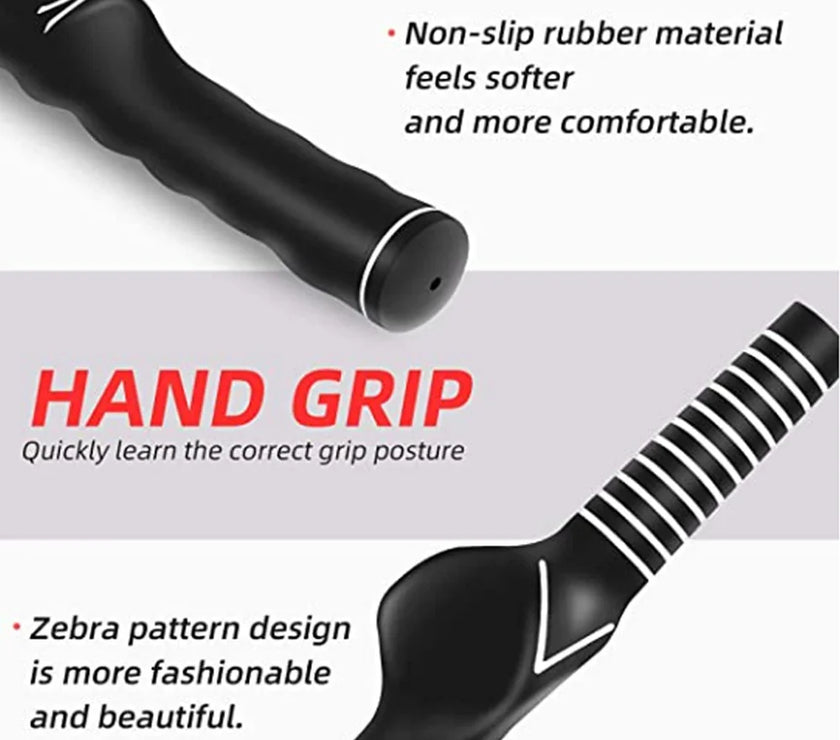 Golf swing grip trainer with non-slip rubber material and zebra pattern design.