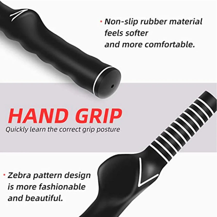 Golf swing grip trainer with non-slip rubber material and zebra pattern design.