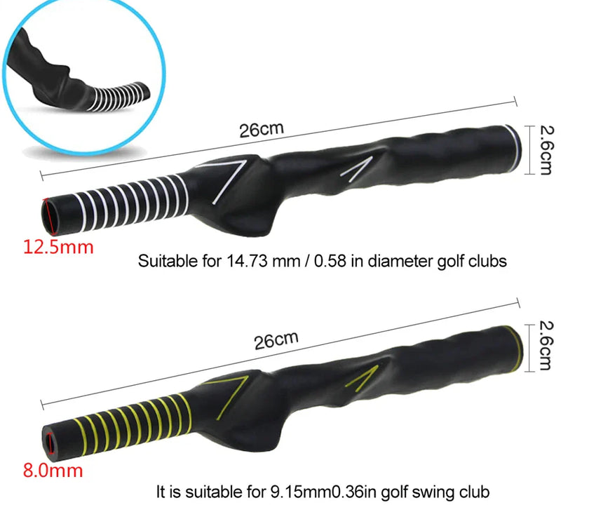 Golf Swing Grip Trainer for improving hand positioning and technique, suitable for various golf club diameters.