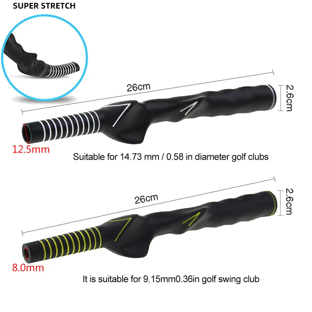Golf Swing Grip Trainer for improving hand positioning and technique, suitable for various golf club diameters.