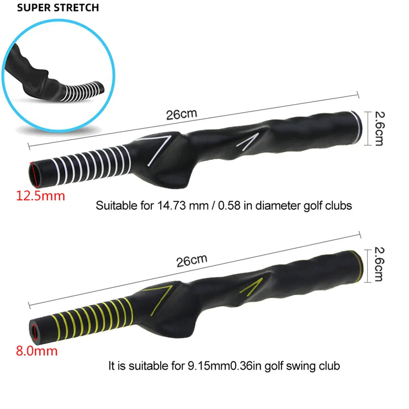 Golf Swing Grip Trainer for improving hand positioning and technique, suitable for various golf club diameters.