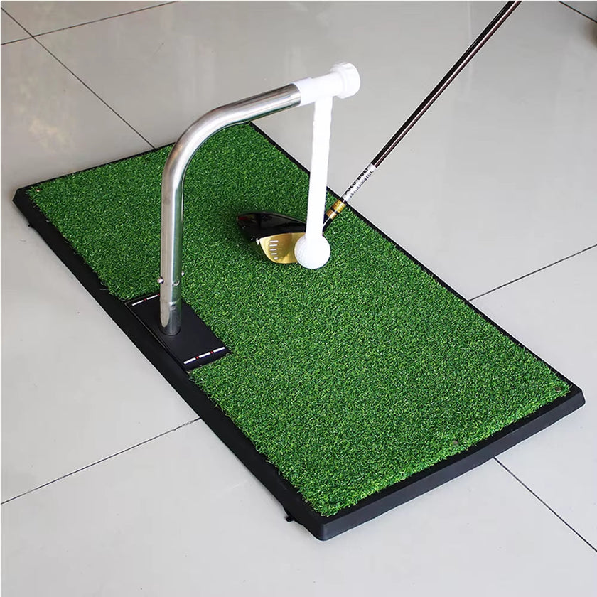 Golf swing training aid set with practice mat and rod for improving putting skills.