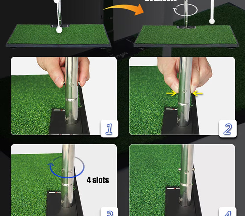 Golf swing training aid with practice mat, rotatable components, and alignment guide.