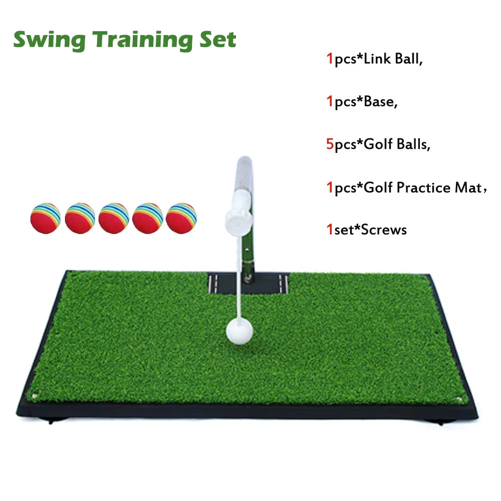 Golf swing training aid set with practice mat, swing rod, and golf balls.