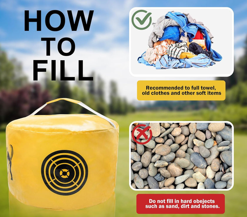 Golf impact bag trainer in yellow, showing filling instructions with recommended materials for optimal use