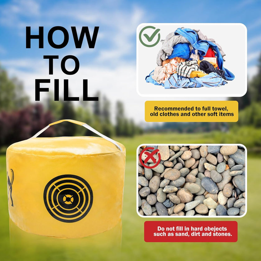 Golf impact bag trainer in yellow, showing filling instructions with recommended materials for optimal use