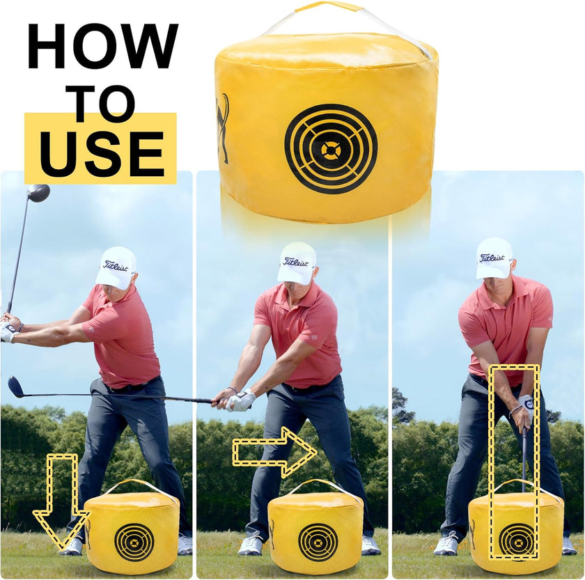Under Par Discount Golf Impact Bag Trainer for improving swing technique with step-by-step usage instructions
