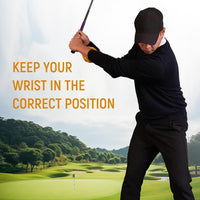 Golfer practicing swing with golf swing trainer ball in scenic course.