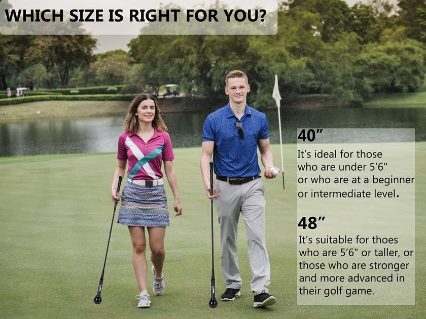 Golfers holding Under Par Golf Swing Trainer Sticks on course with size guide.
