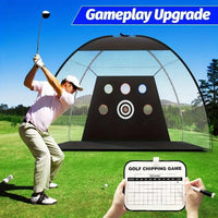 Golfer swinging at a pop up target net with mat and chipping game board deluxe golf practice net set