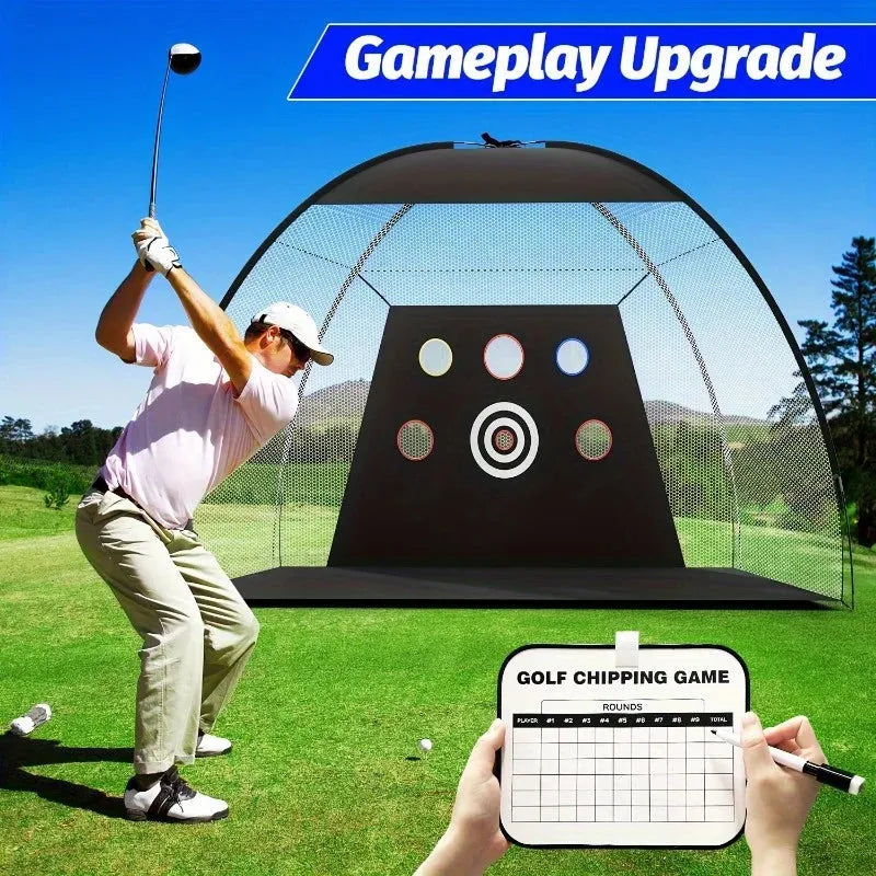 Golfer swinging at a pop up target net with mat and chipping game board deluxe golf practice net set