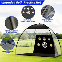 Under Par Discount Golf deluxe golf practice net set with target panel six pockets nylon net and mat