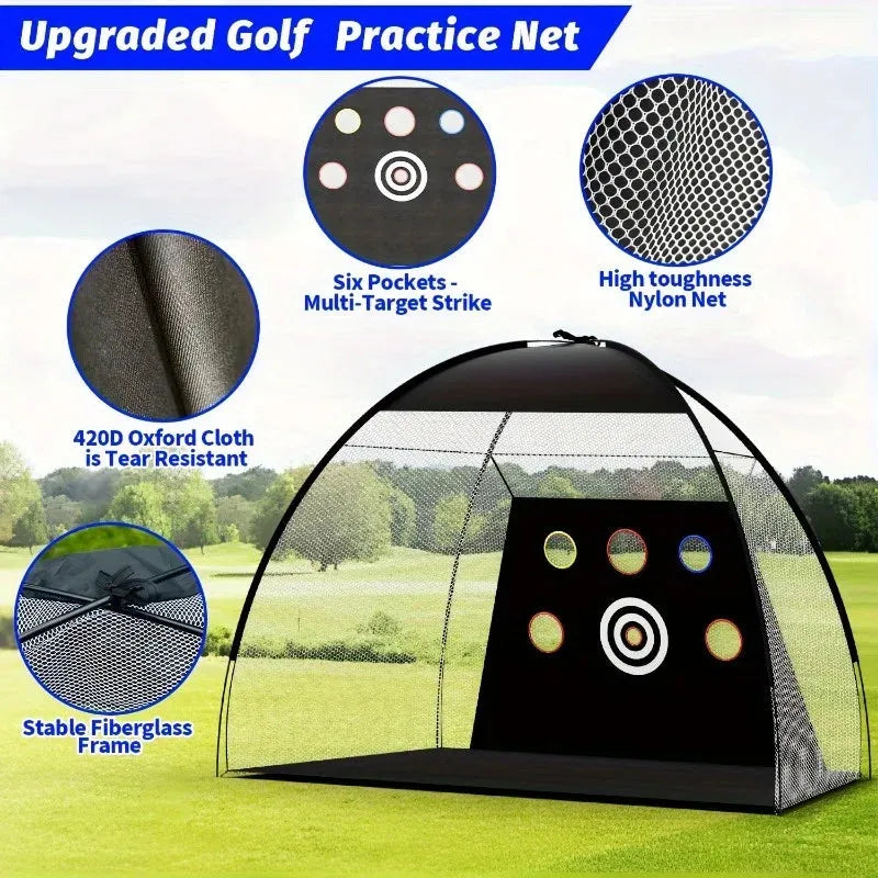 Under Par Discount Golf deluxe golf practice net set with target panel six pockets nylon net and mat