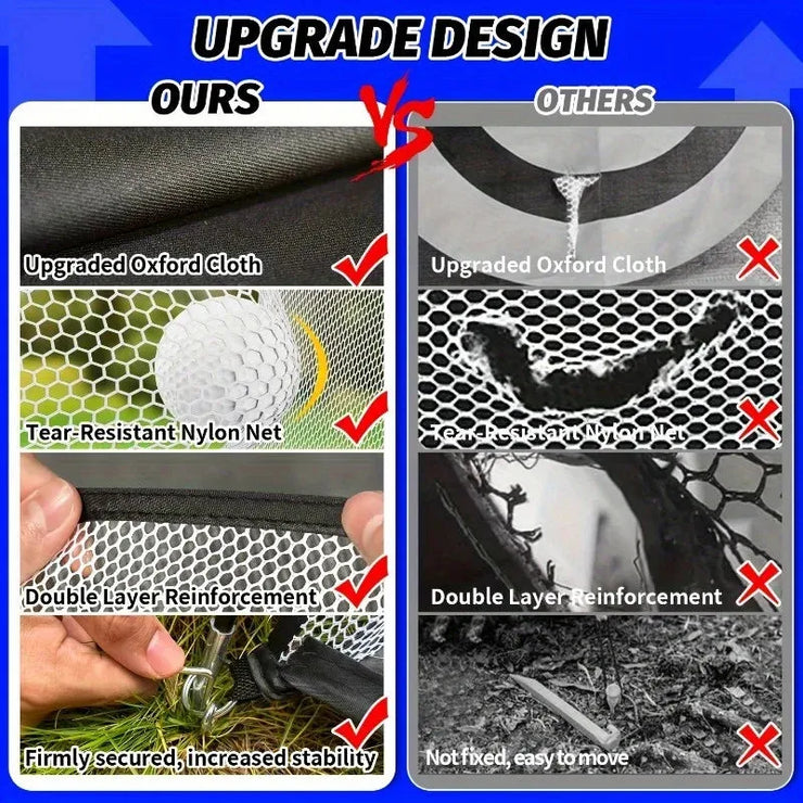deluxe golf practice net set showing upgraded oxford cloth tear resistant nylon net and double layer reinforcement for stability